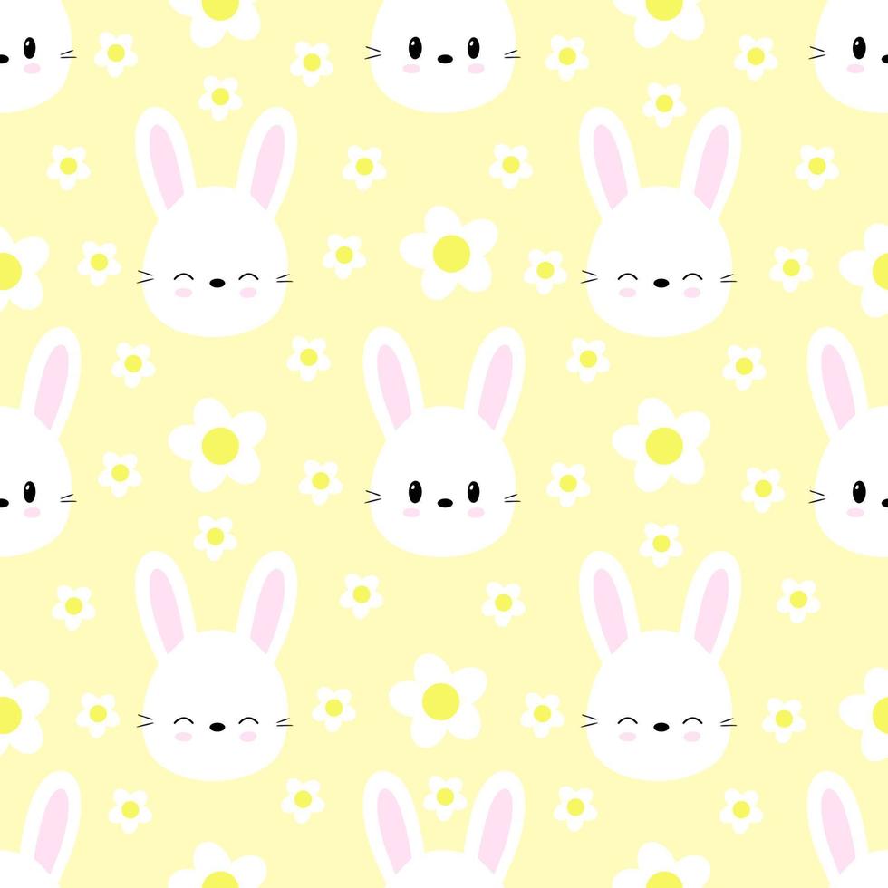 Seamless pattern of cute rabbits on yellow background with flowers. Vector. vector