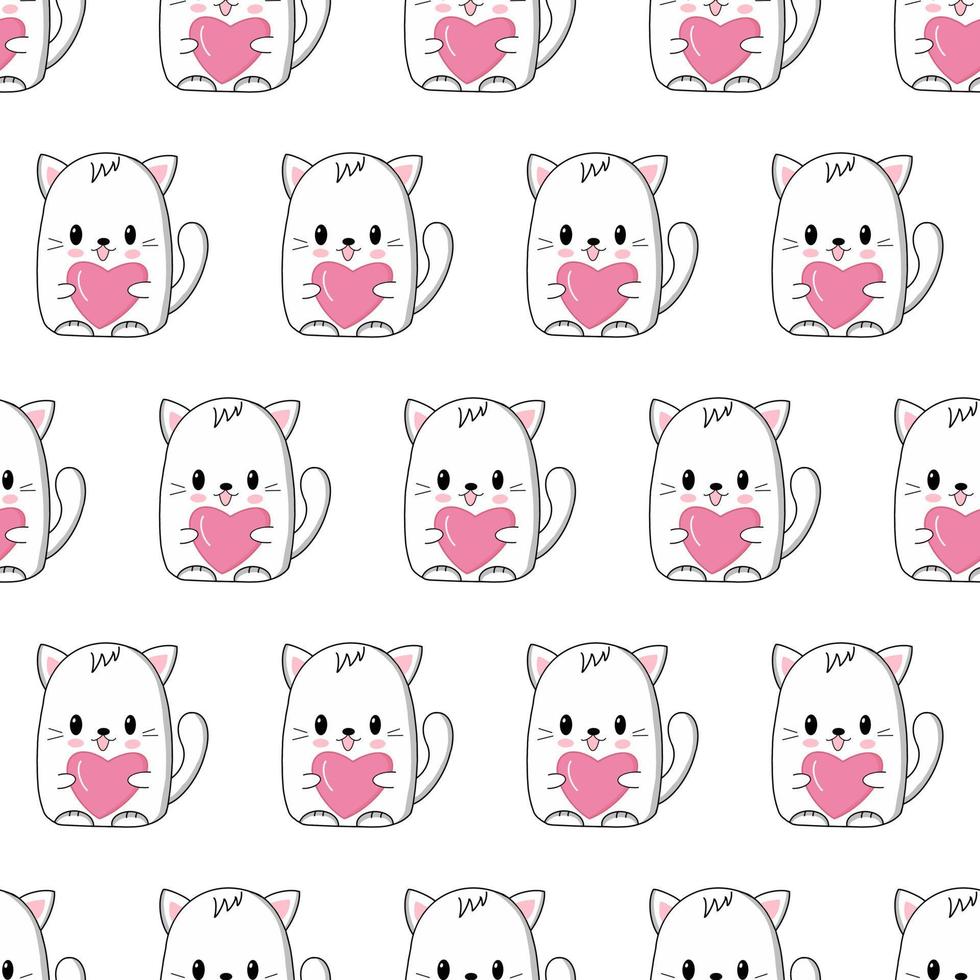 Cute kawaii cat with heart. Vector illustration. Seamless pattern.