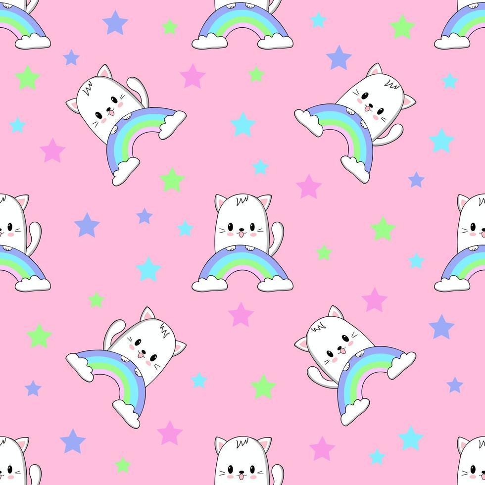 Cute kawaii cat with rainbow. Vector illustration. Seamless pattern.