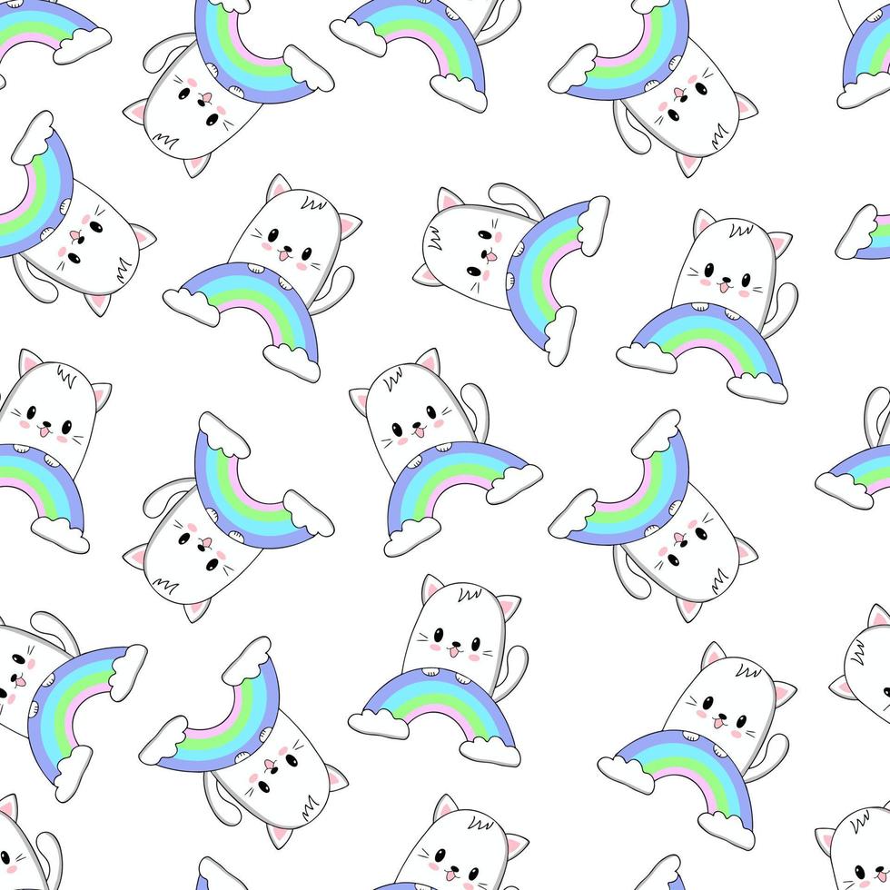 lindo gato kawaii con arcoiris. ilustración vectorial patrón sin costuras vector