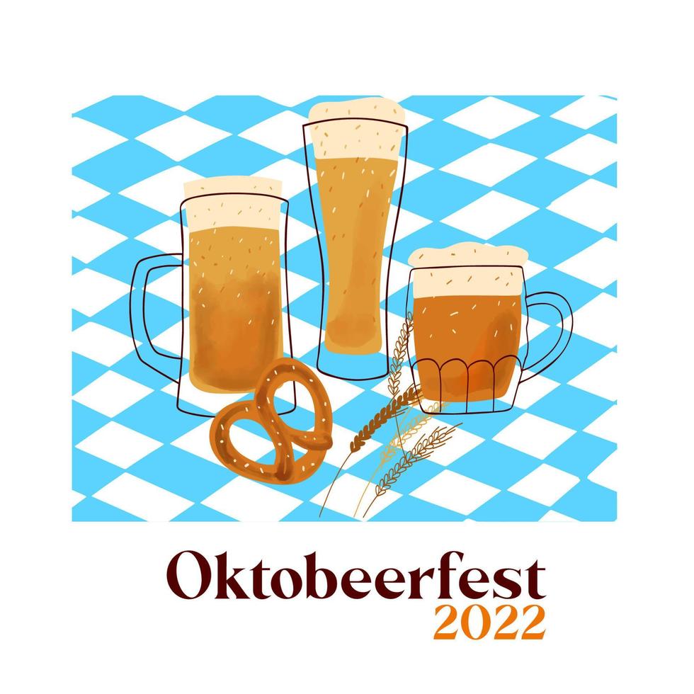 ilustración de octobeerfest con jarras de cerveza estilizadas y bocadillos de pretzel sobre fondo azul vector
