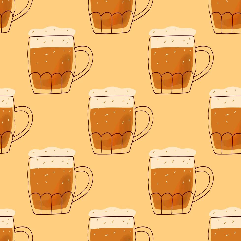 Seamles pattern with stylized illustration mugs of beer on yellow background vector