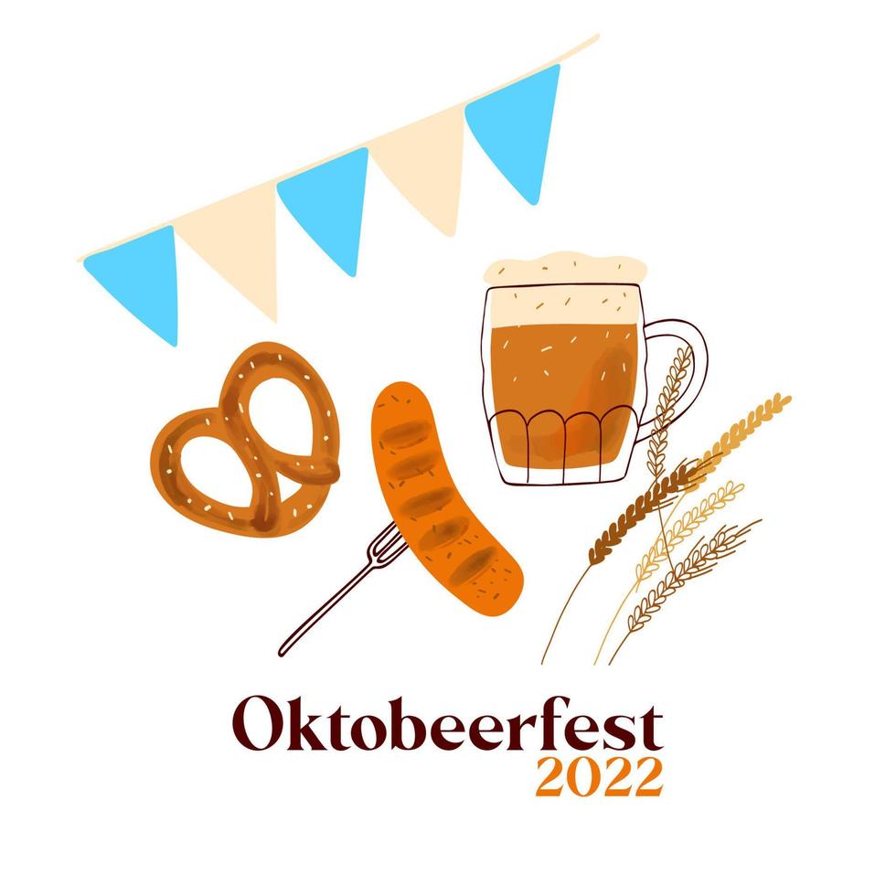 Octobeerfest 2022 illustration with stylized beer mugs, with traditional snacks pretzel and grilled sausage on white background vector
