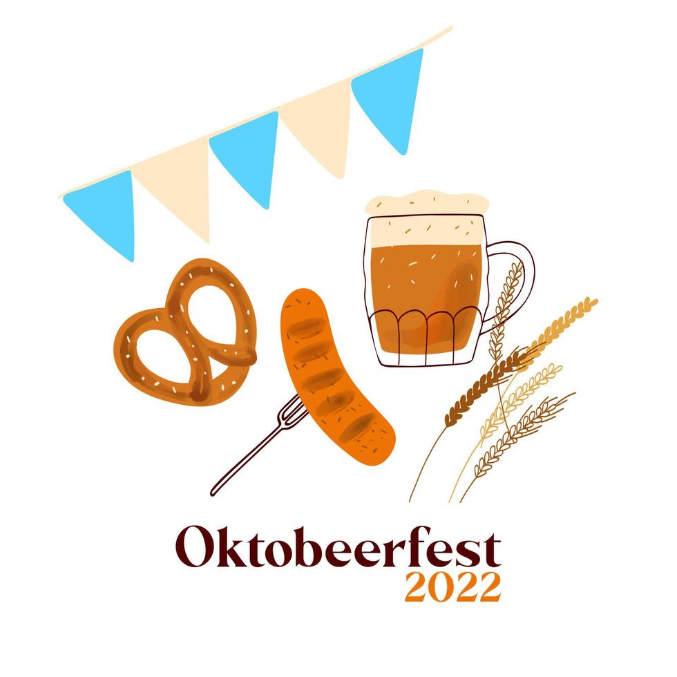 ilustración de octobeerfest 2022 con jarras de cerveza estilizadas, con bocadillos tradicionales pretzel y salchicha a la parrilla sobre fondo blanco vector