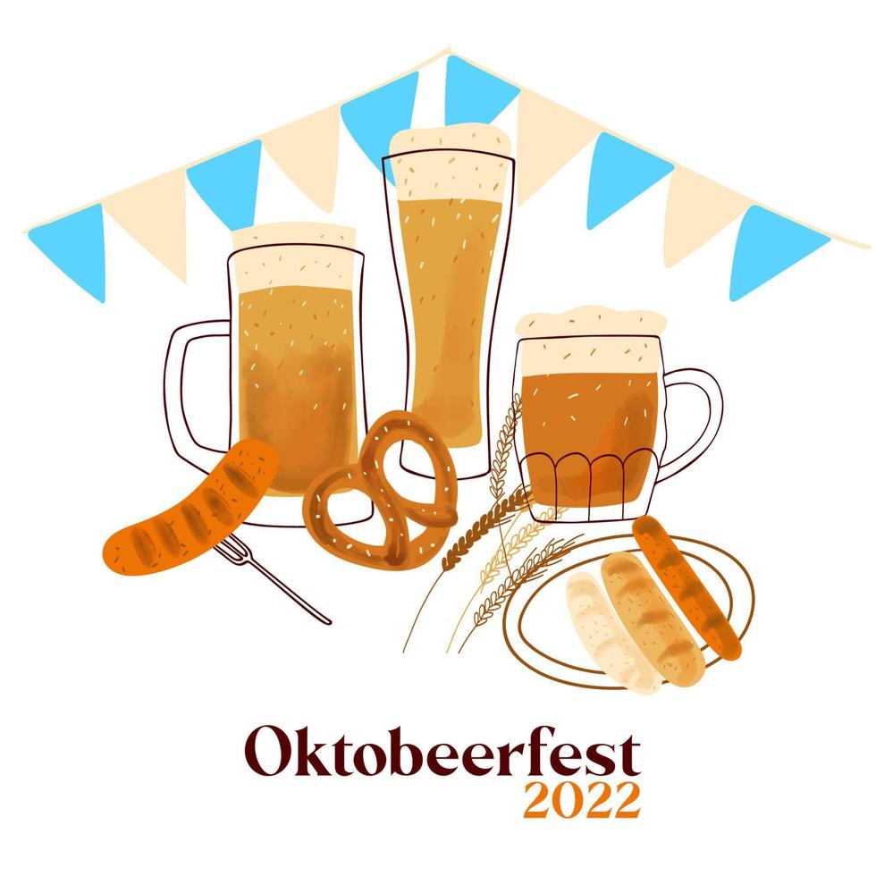 Octobeerfest 2022 illustration with stylized beer mugs, with traditional snacks pretzel and grilled sausage on white background vector