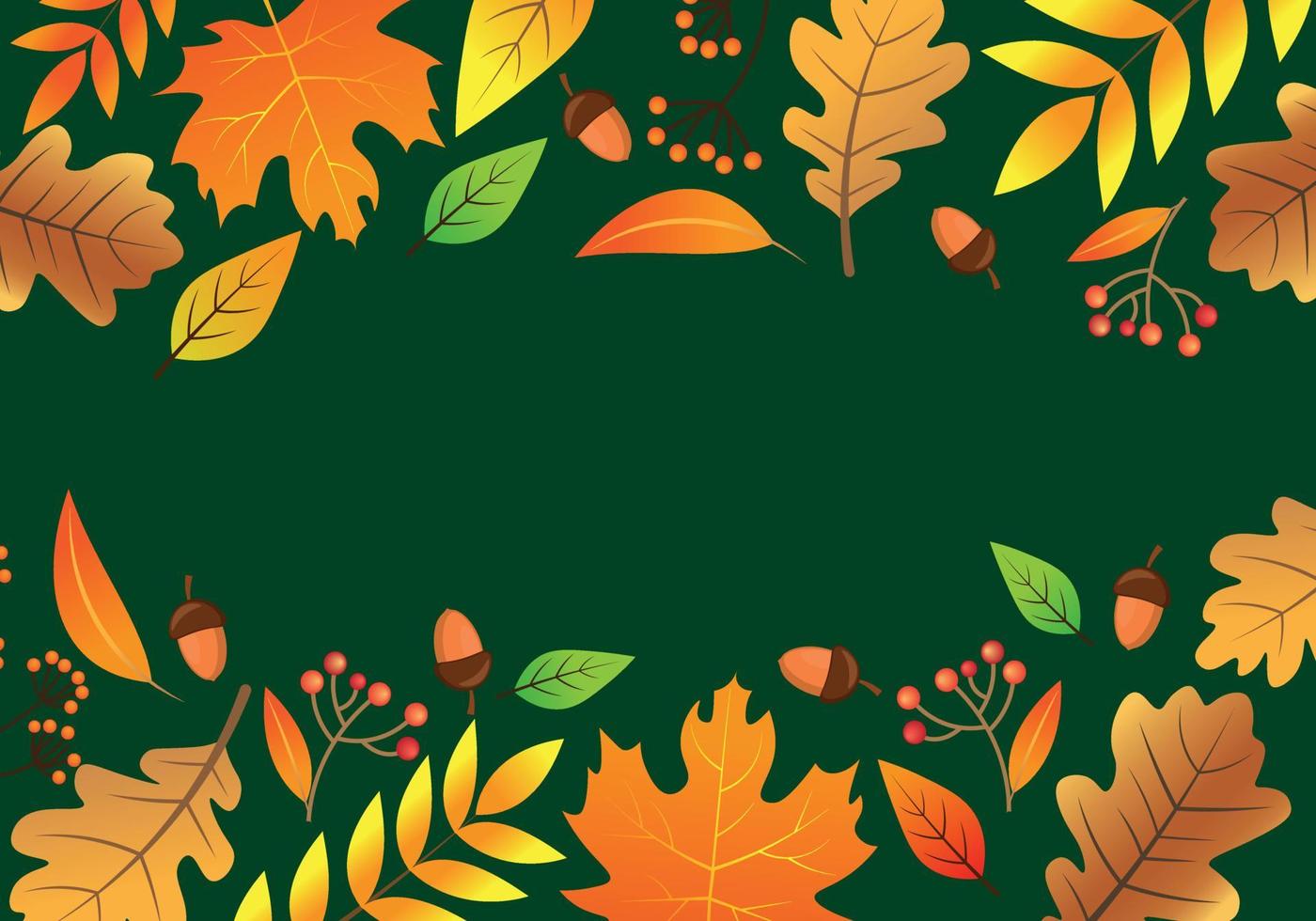 Autumn Leaves Vector Border Template. Autumn Dark Green Background with Colorful Leaves and Acorn