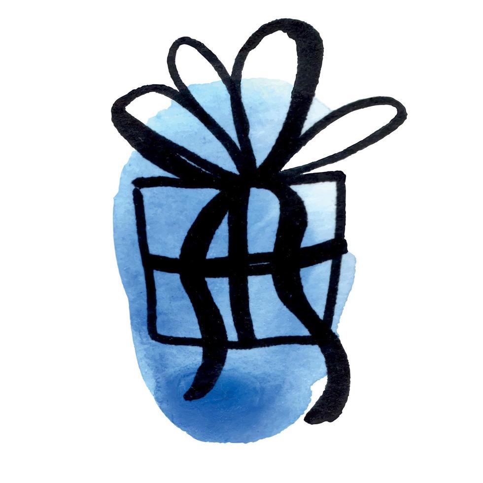 ilustración dibujada a mano de caja de regalo de navidad con lazo en mancha de acuarela azul vector