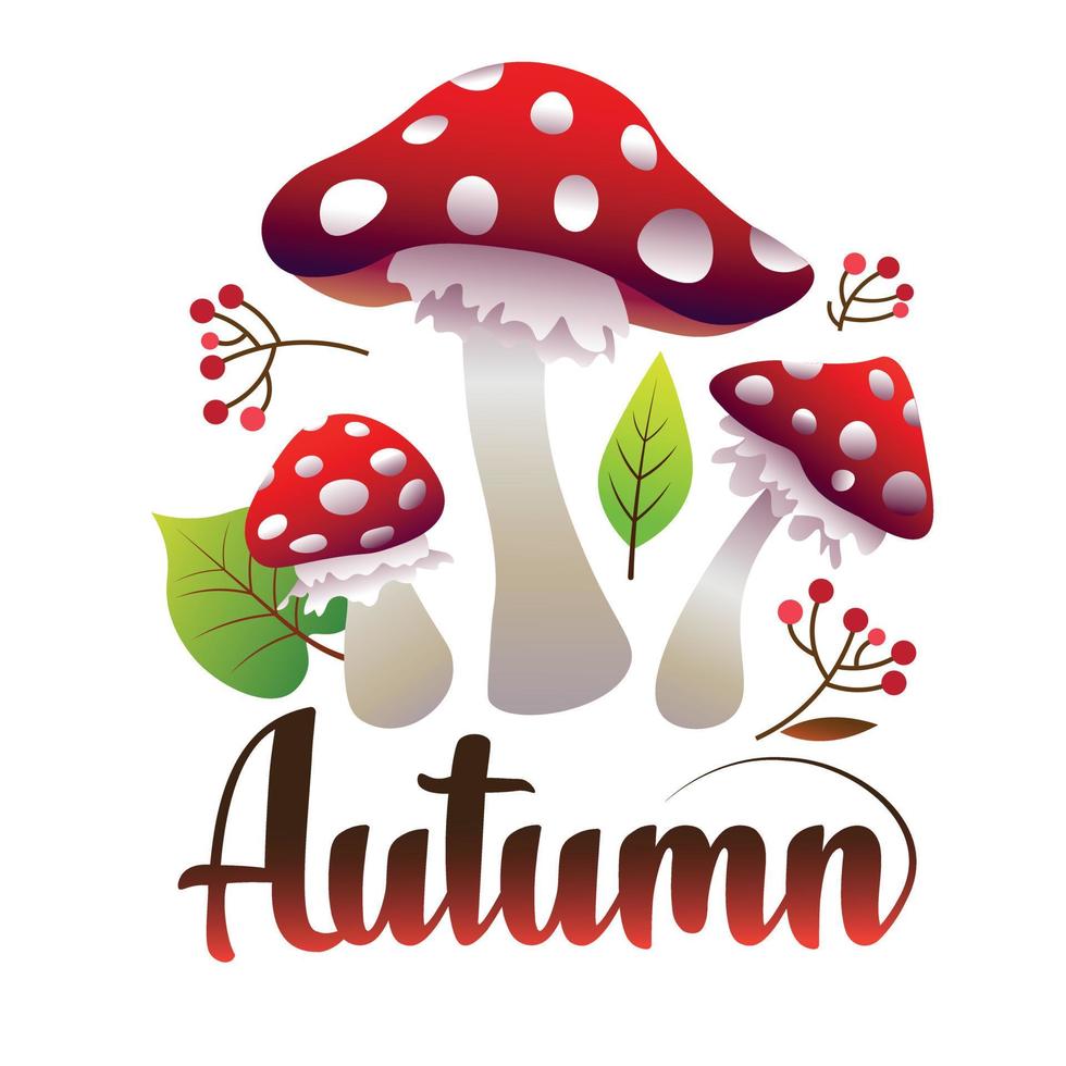 Decorative Autumn Vector Illustration of Trippy Mushrooms, Leaves and Berries for Greeting Card or Poster