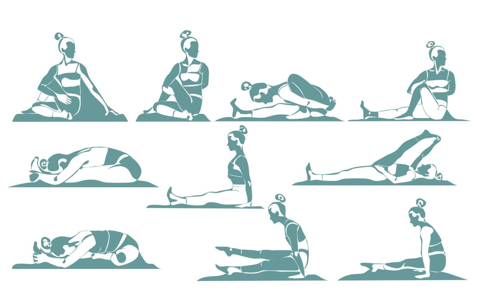 conjunto de joven atlética delgada haciendo yoga y fitness. estilo de vida saludable. colección de siluetas femeninas que demuestran diferentes posiciones de yoga aisladas en fondo blanco vector