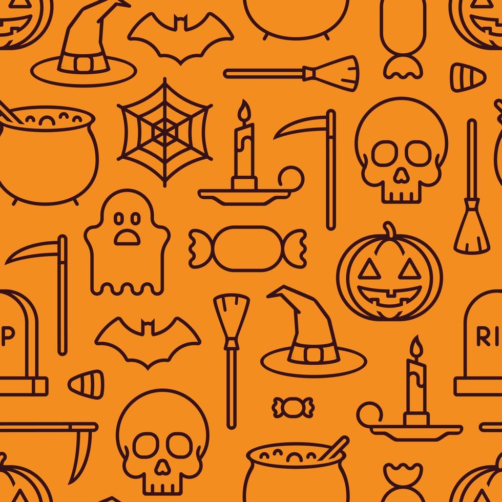 Halloween seamless pattern of line icons on orange background vector