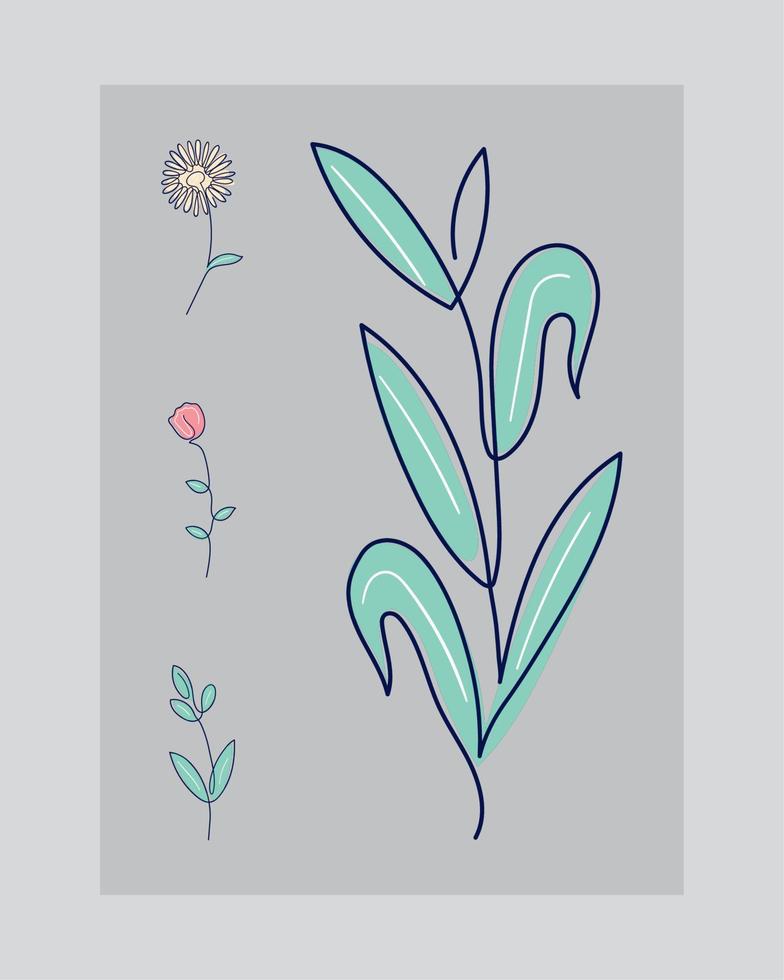 one line flowers and leaves vector