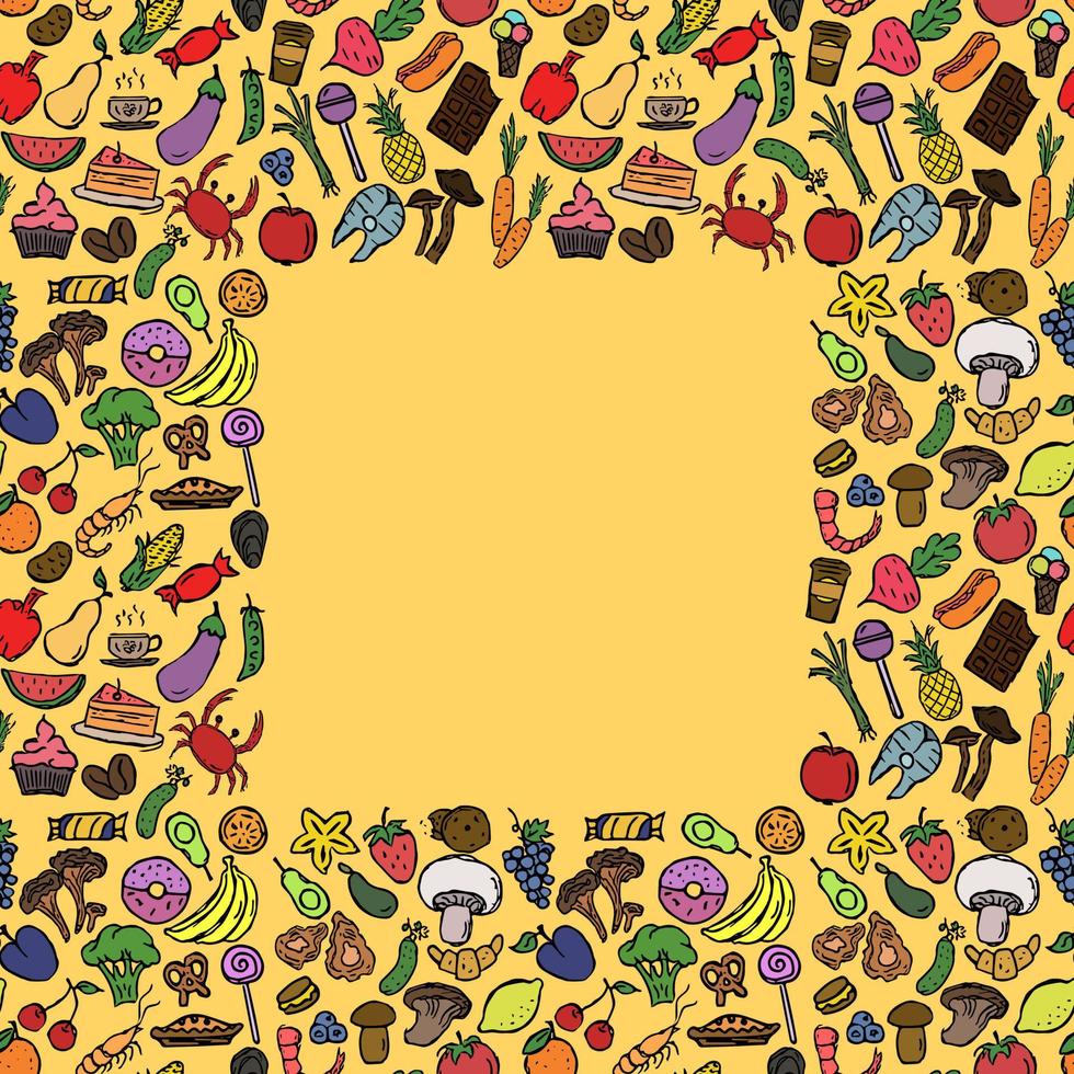 Fondo de comida vectorial con lugar para texto. garabato, alimento, ilustración vector