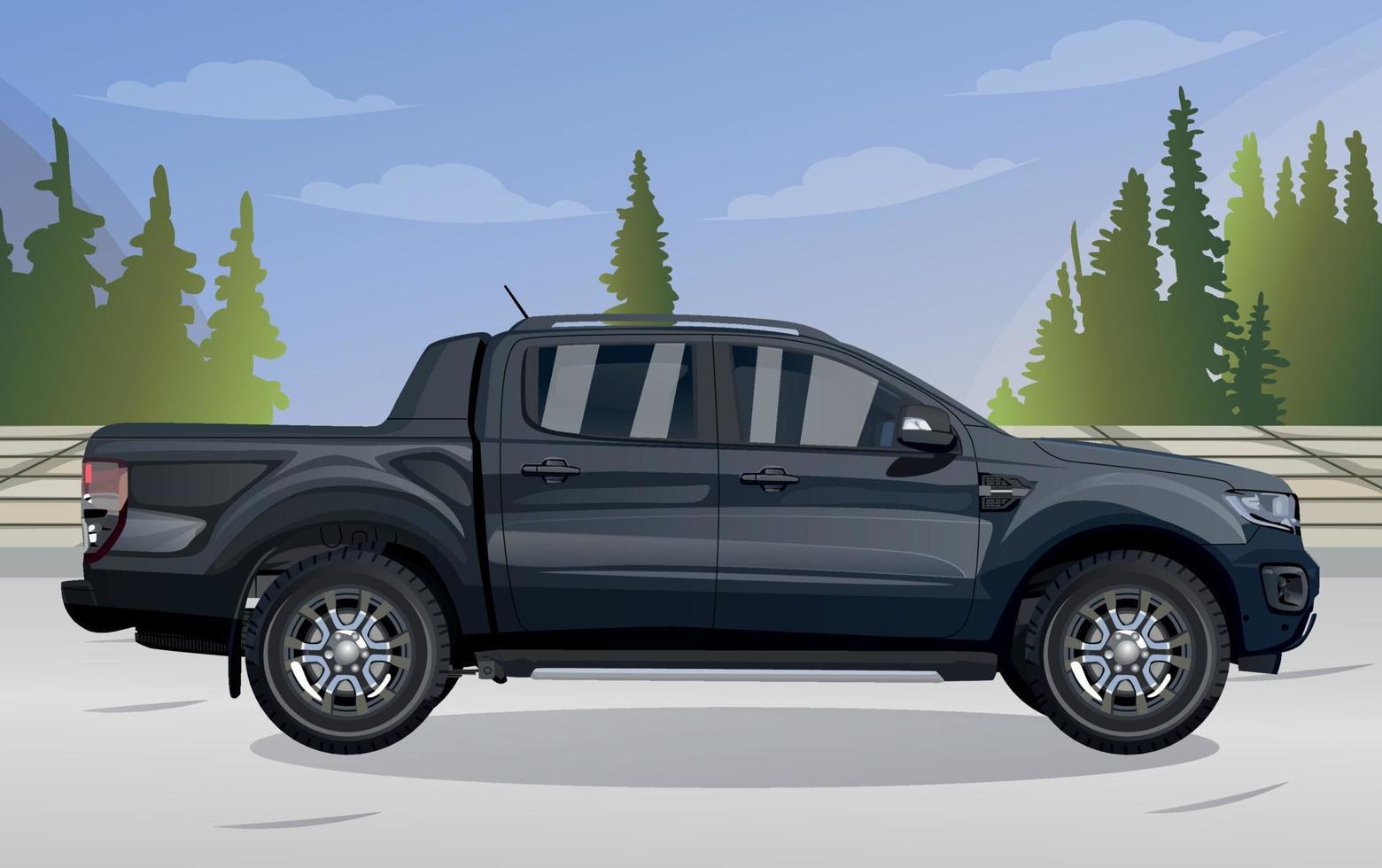 black pickup truck ,on the road , Side View vector