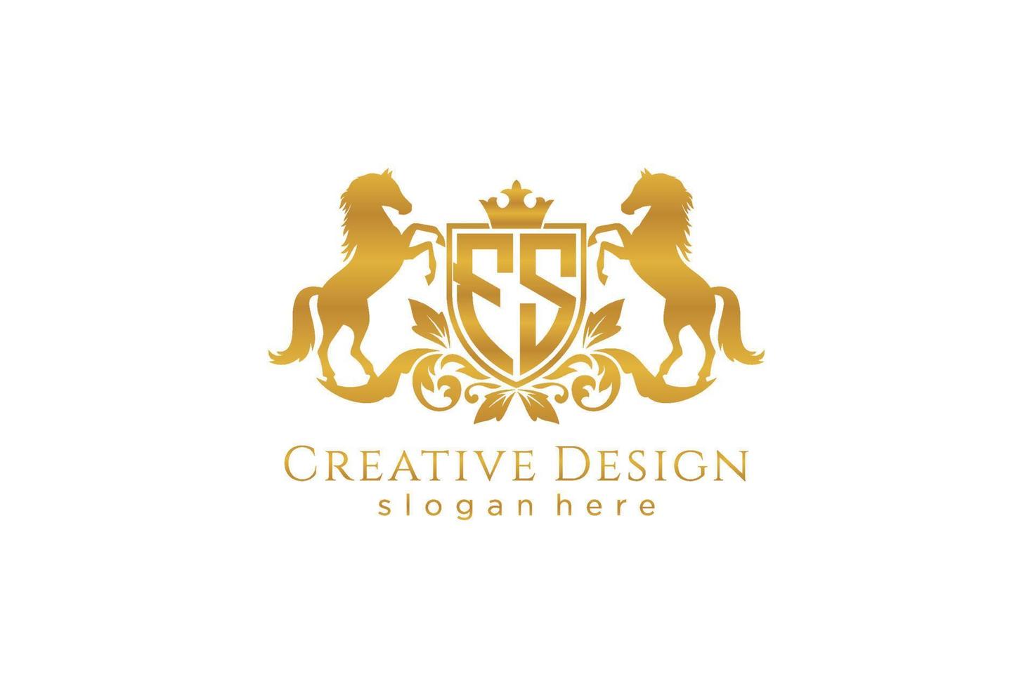 initial FS Retro golden crest with shield and two horses, badge template with scrolls and royal crown - perfect for luxurious branding projects vector