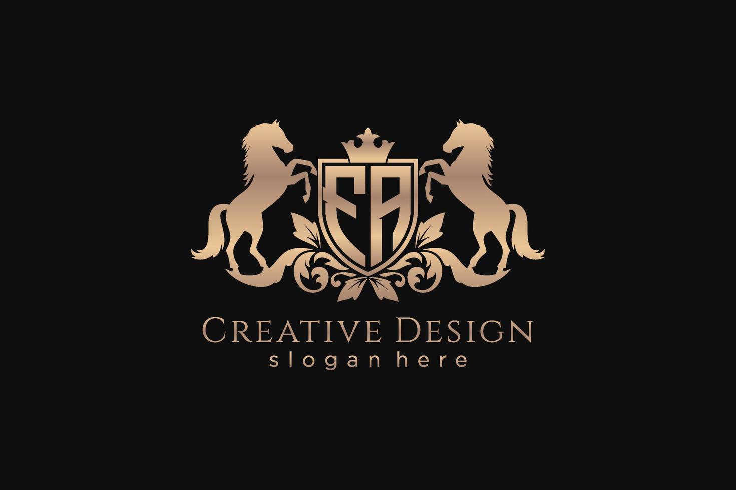 initial FA Retro golden crest with shield and two horses, badge template with scrolls and royal crown - perfect for luxurious branding projects vector