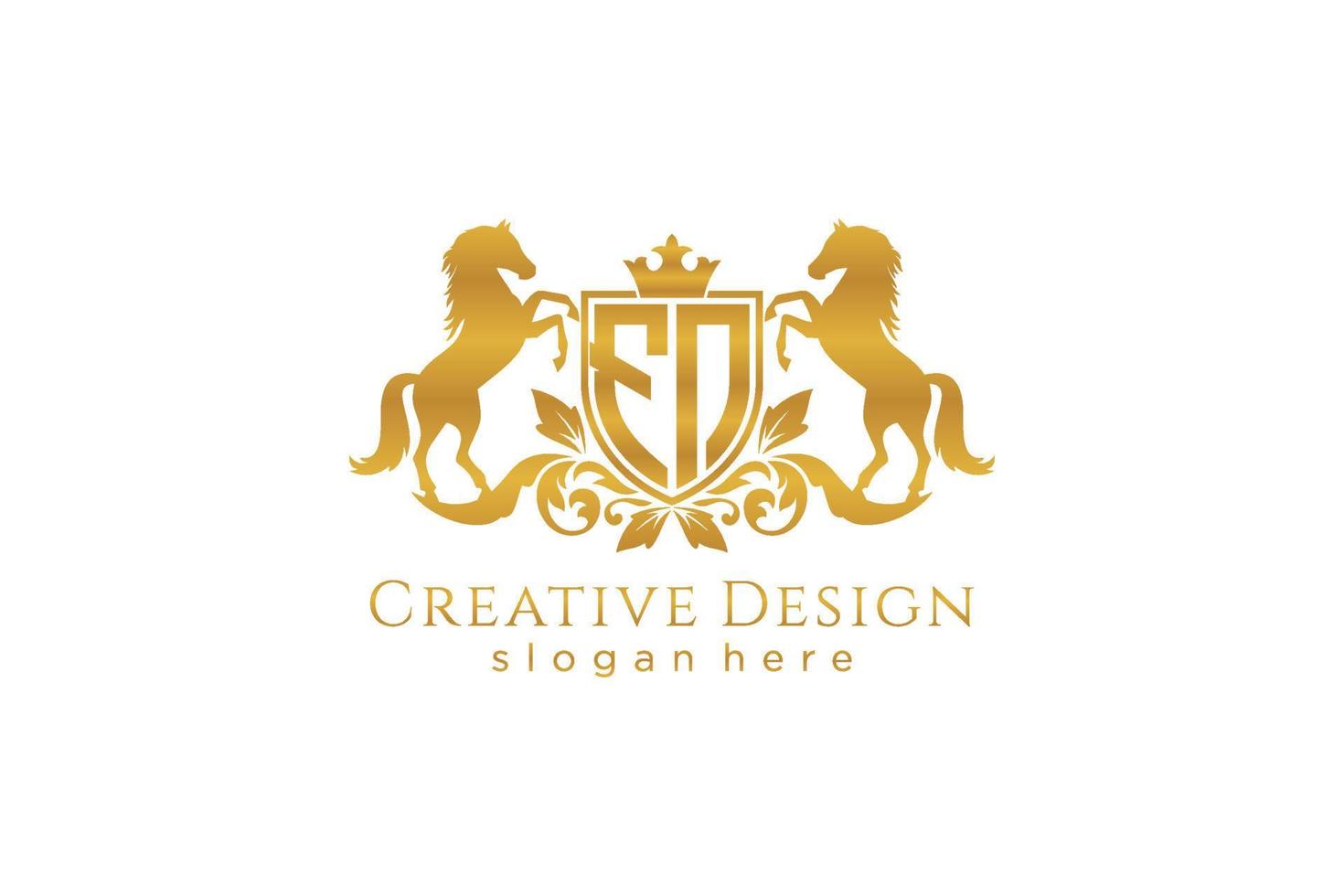 initial FN Retro golden crest with shield and two horses, badge template with scrolls and royal crown - perfect for luxurious branding projects vector