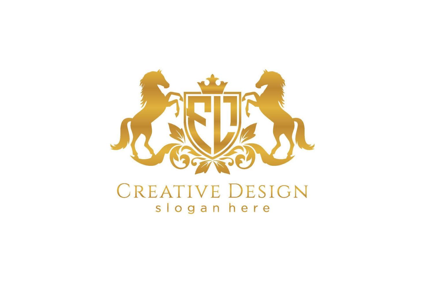 initial FL Retro golden crest with shield and two horses, badge template with scrolls and royal crown - perfect for luxurious branding projects vector