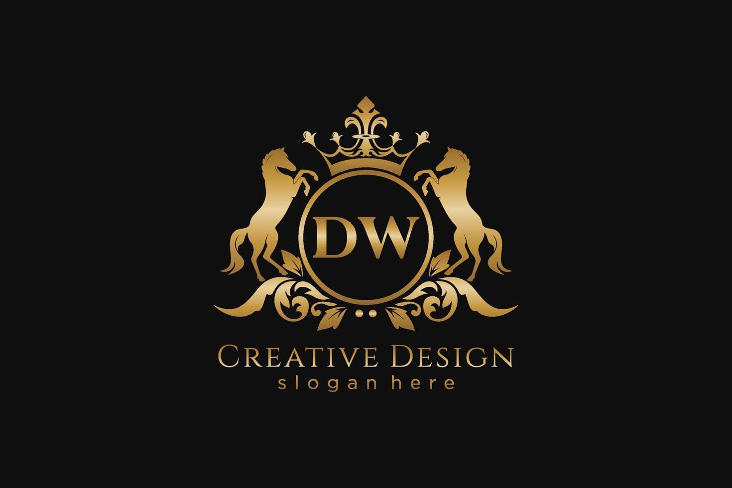 initial DW Retro golden crest with circle and two horses, badge template with scrolls and royal crown - perfect for luxurious branding projects vector