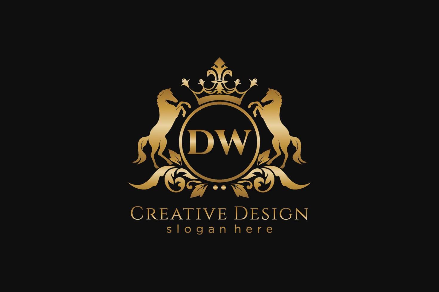 initial DW Retro golden crest with circle and two horses, badge template with scrolls and royal crown - perfect for luxurious branding projects vector