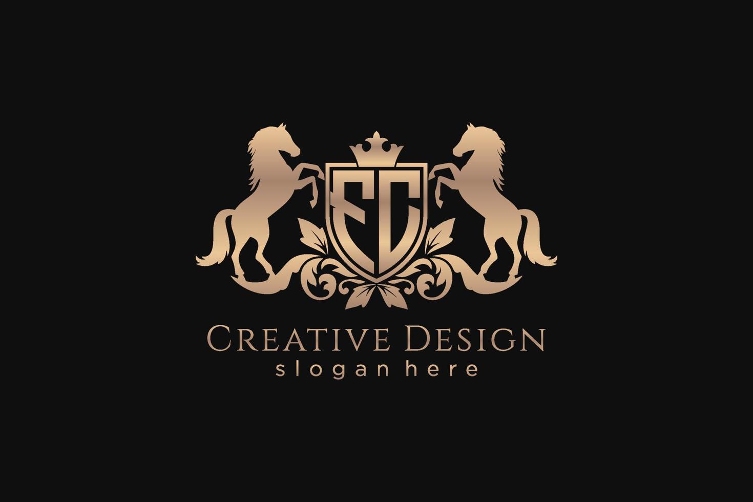 initial FC Retro golden crest with shield and two horses, badge template with scrolls and royal crown - perfect for luxurious branding projects vector