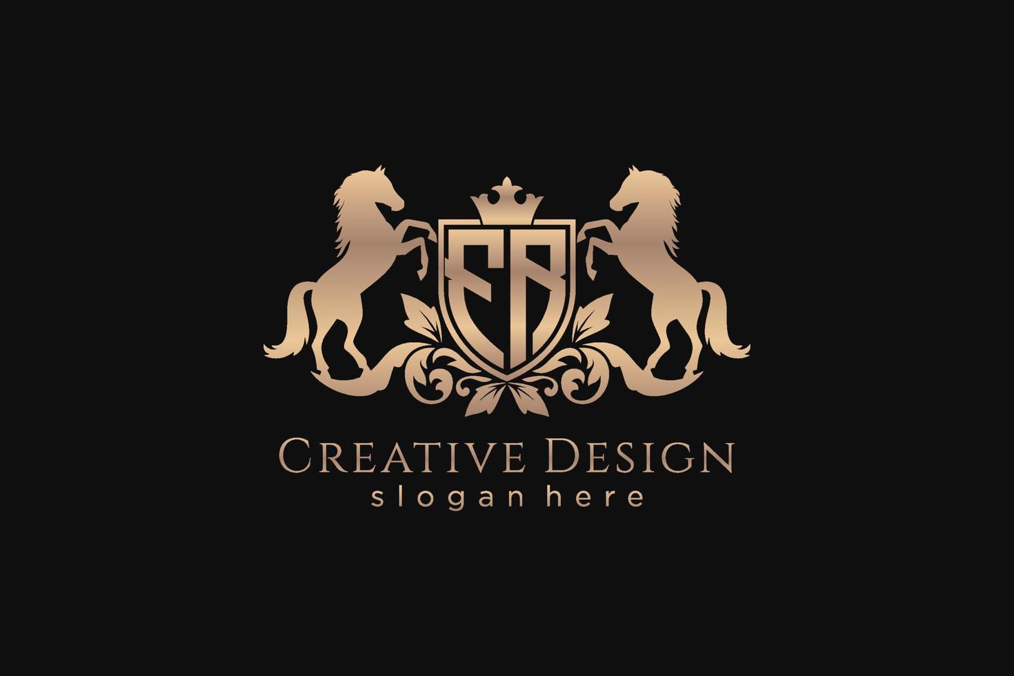 initial FR Retro golden crest with shield and two horses, badge template with scrolls and royal crown - perfect for luxurious branding projects vector