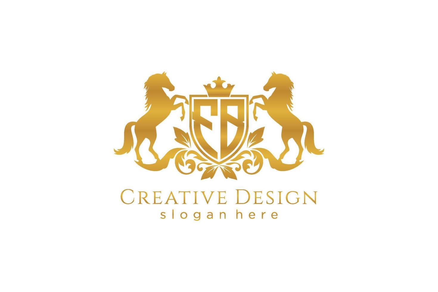 initial FB Retro golden crest with shield and two horses, badge template with scrolls and royal crown - perfect for luxurious branding projects vector