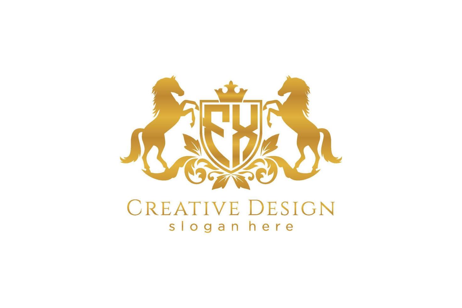 initial FX Retro golden crest with shield and two horses, badge template with scrolls and royal crown - perfect for luxurious branding projects vector