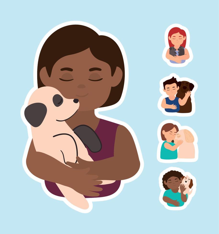 stickers people with dogs vector