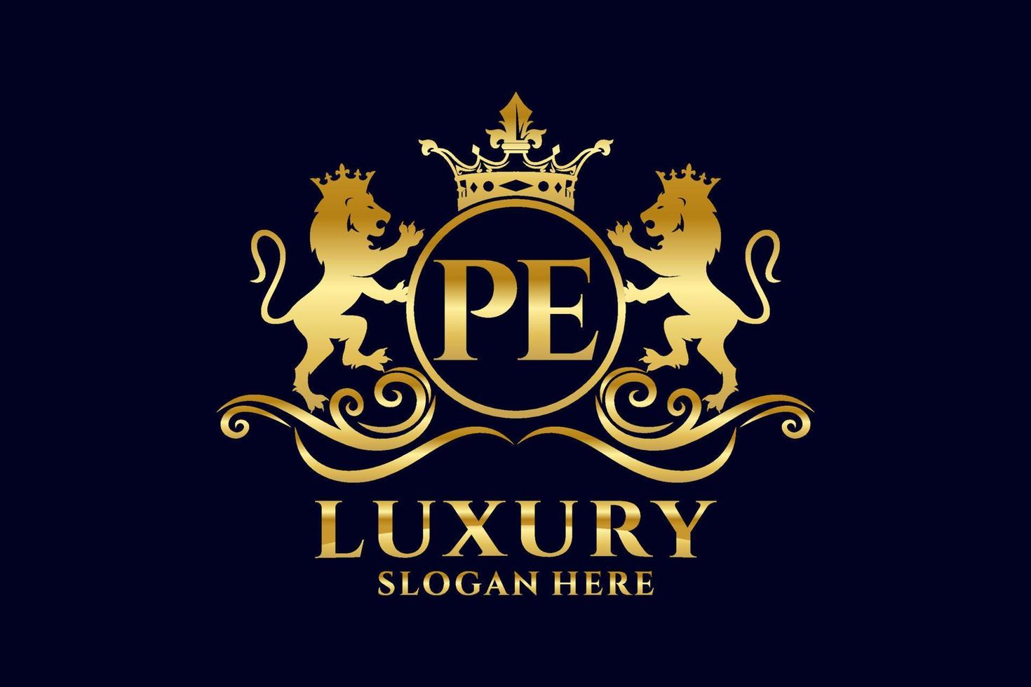 Initial PE Letter Lion Royal Luxury Logo template in vector art for luxurious branding projects and other vector illustration.