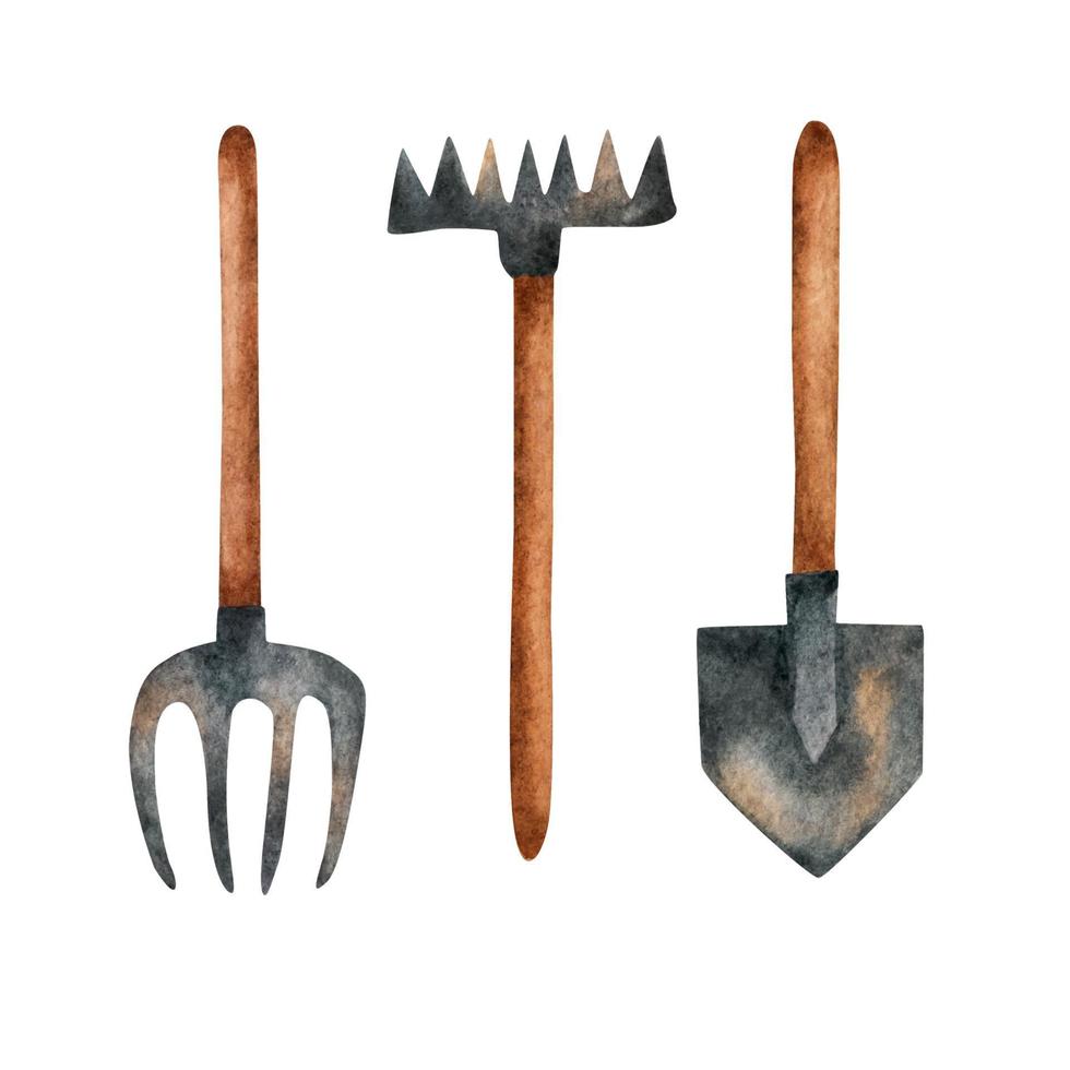 Garden tools. Watercolor set. vector