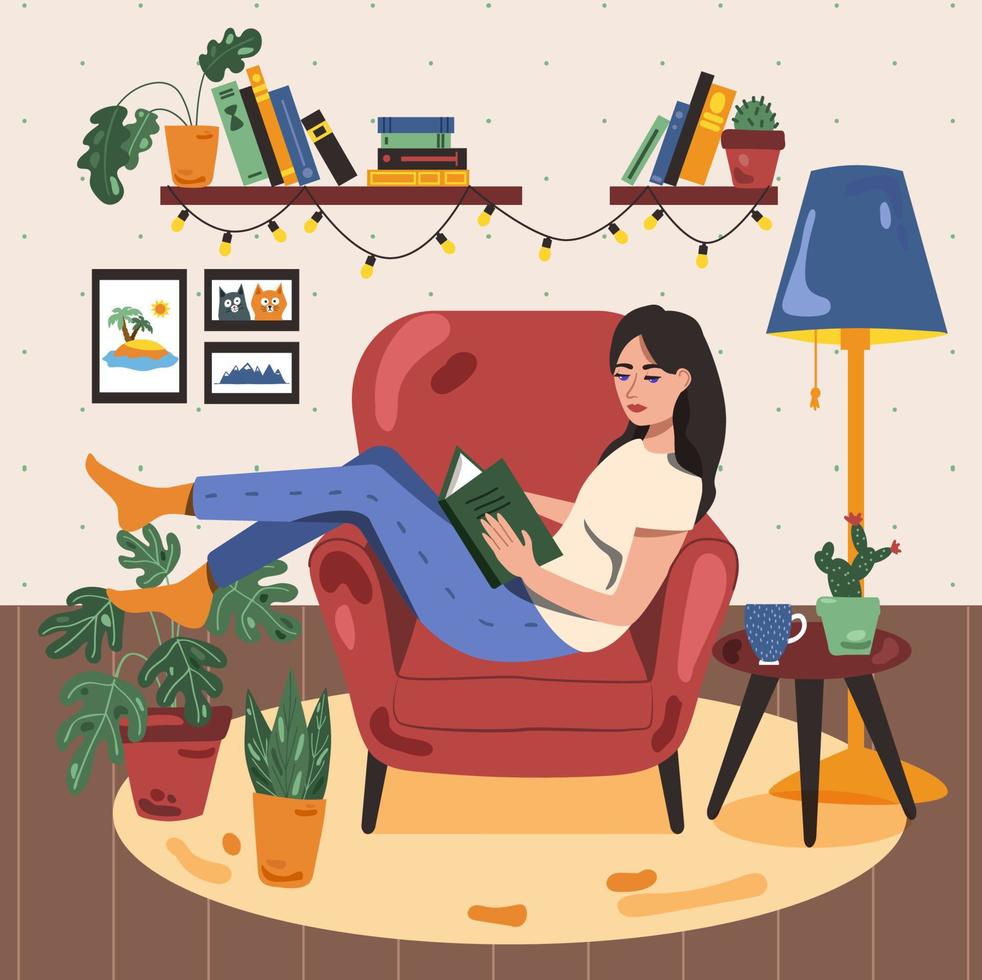 mujer leyendo un libro en una silla, ilustración vectorial vector