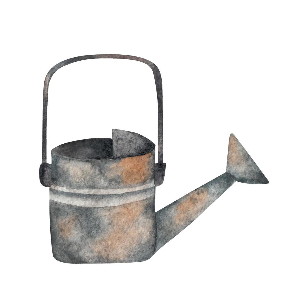 Rusty watering can for the garden. Watercolor element. vector