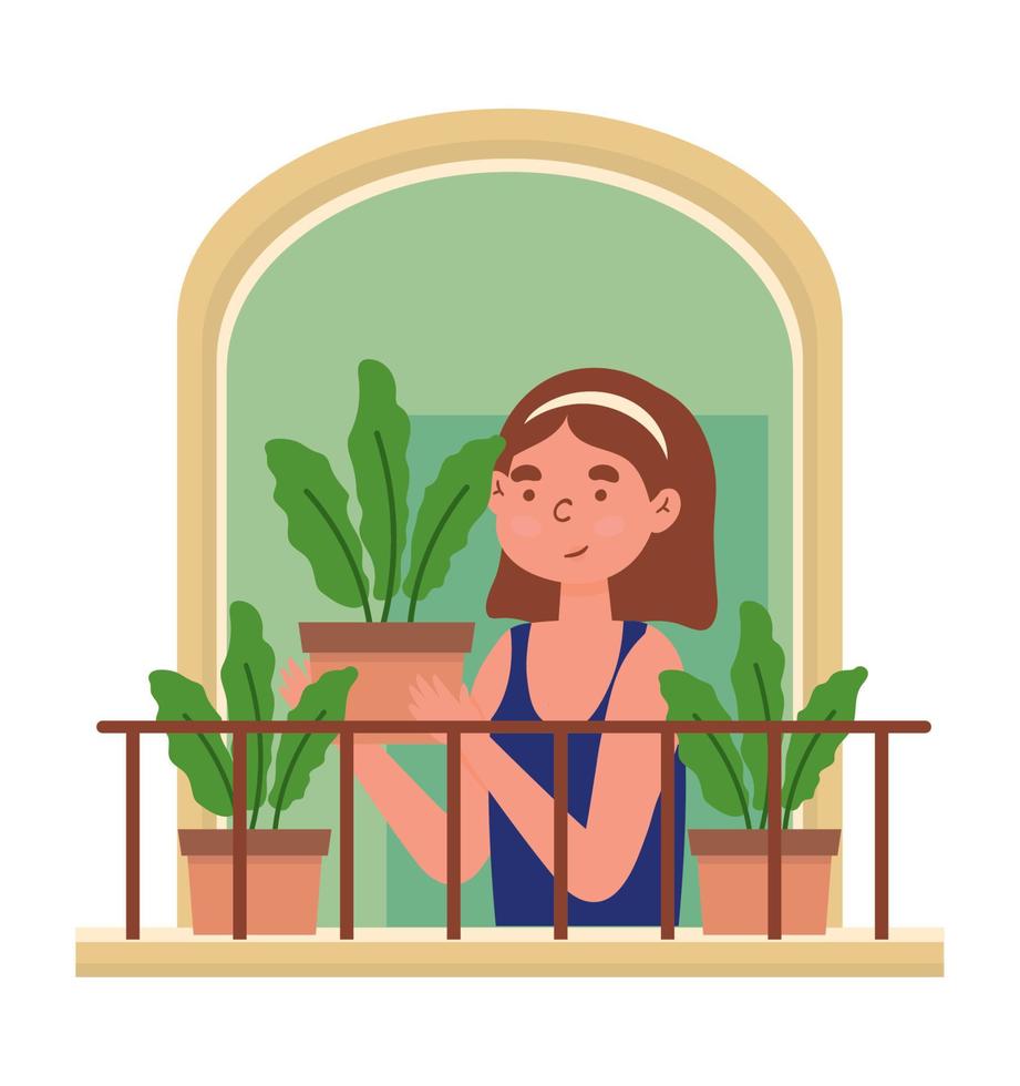 mujer con plantas en ventana vector