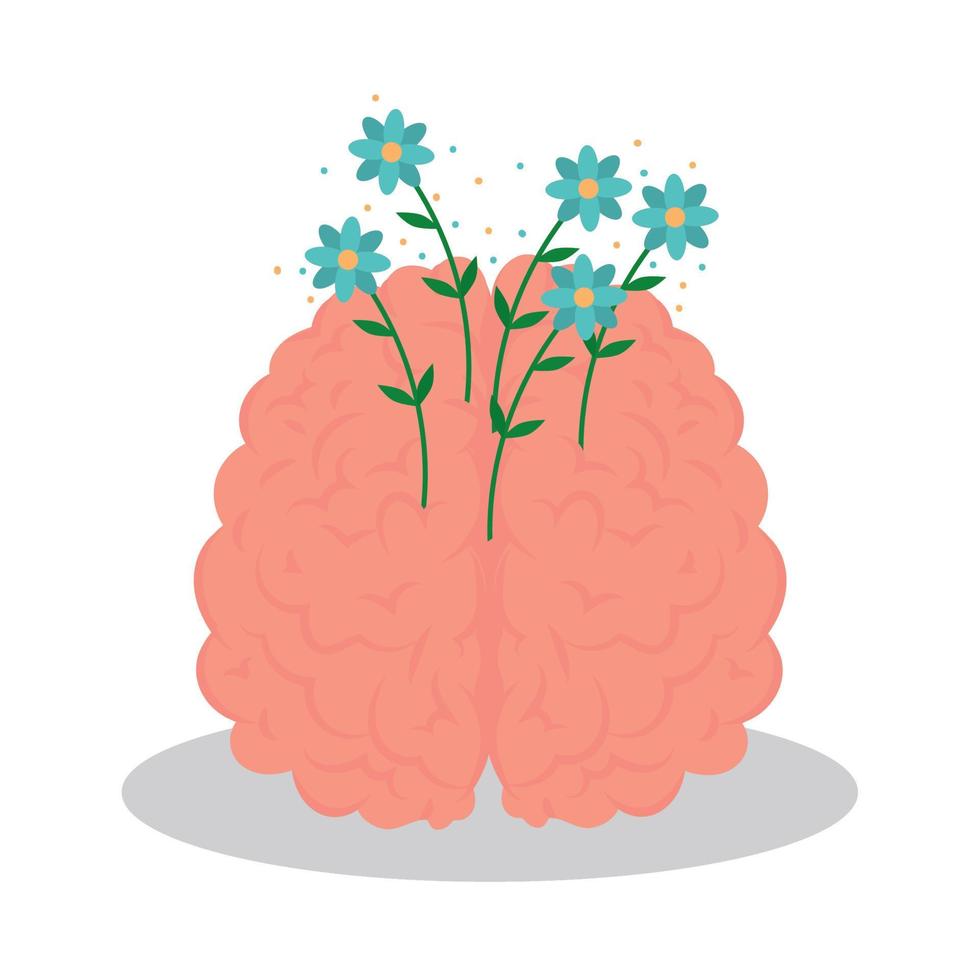 mental health, brain with flowers vector