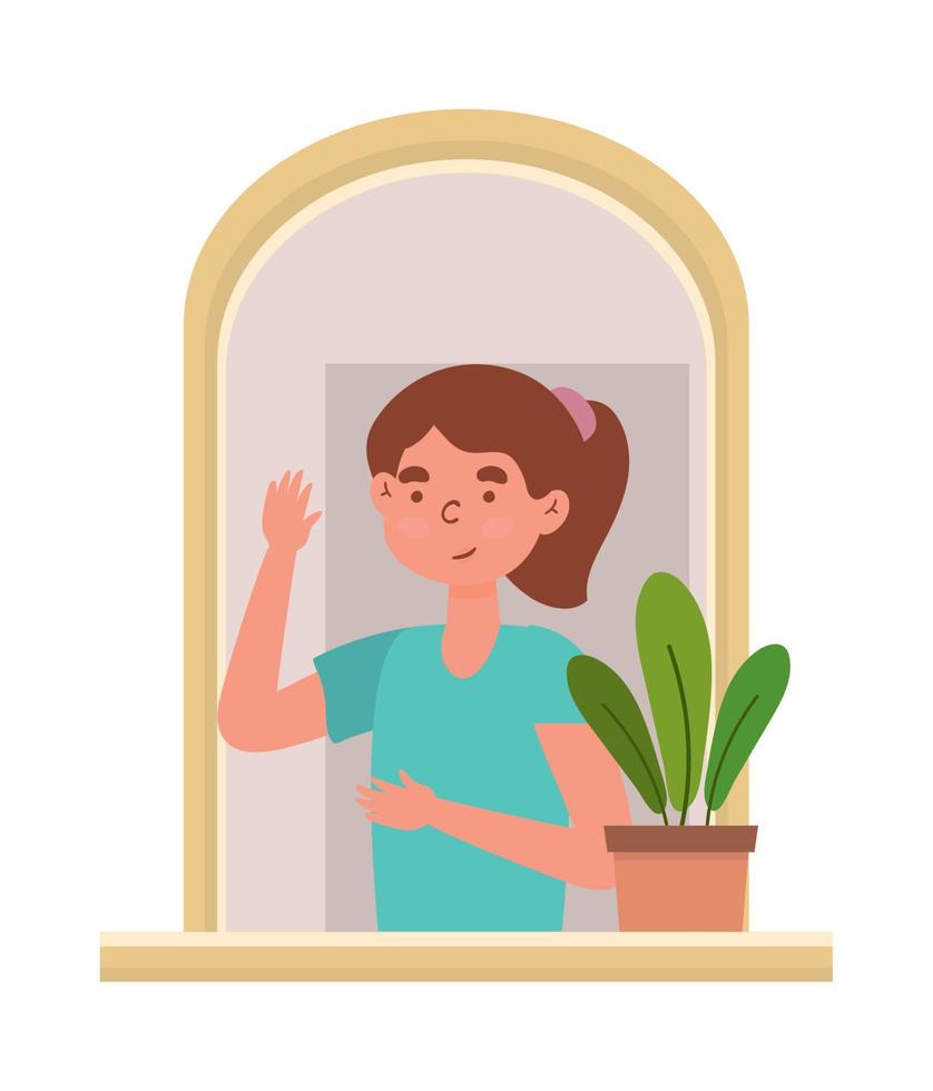 niña con planta de interior en la ventana vector