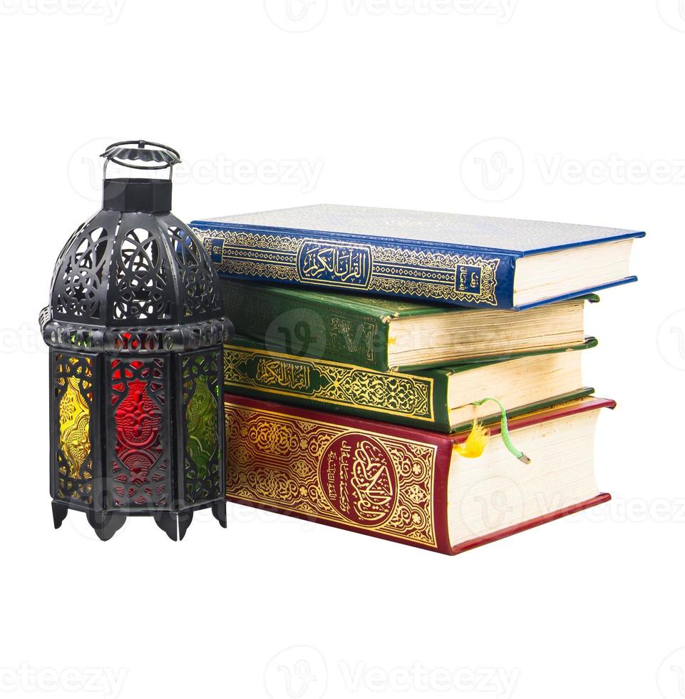 lighted Lantern style Arab or Morocco vintage candle lantern for Muslim community holy month Ramadan Kareem Clipping path photo