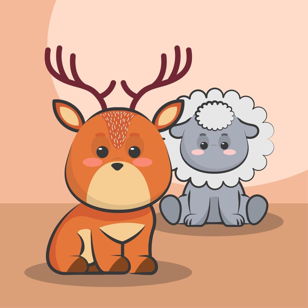 kawaii sheep and deer vector