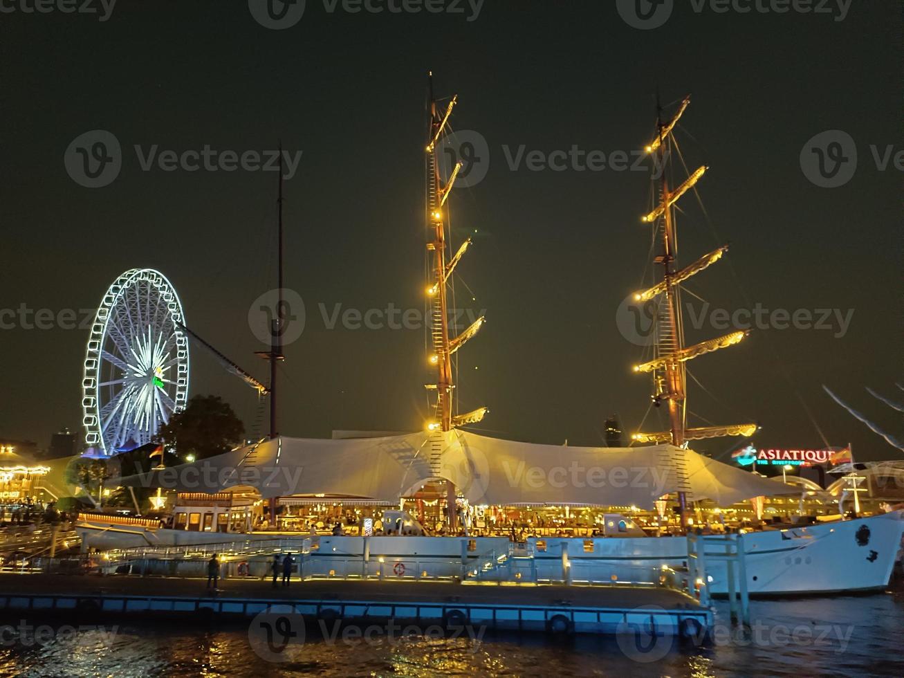 Hello twilight night Chaophaya river skyline colorful waterfront background wallpaper image photo