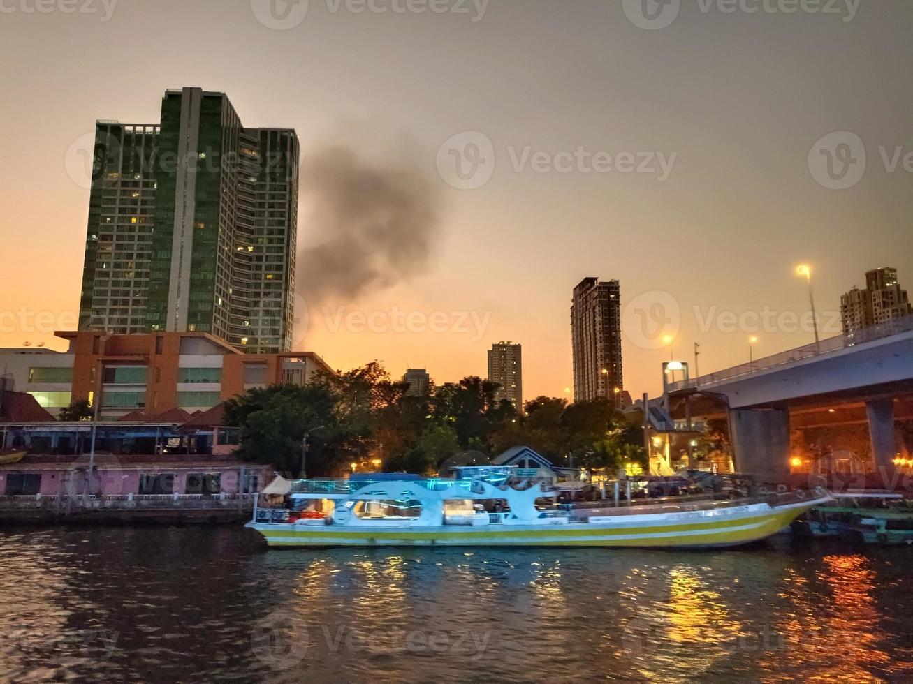 Hello twilight night Chaophaya river skyline colorful waterfront background wallpaper image photo