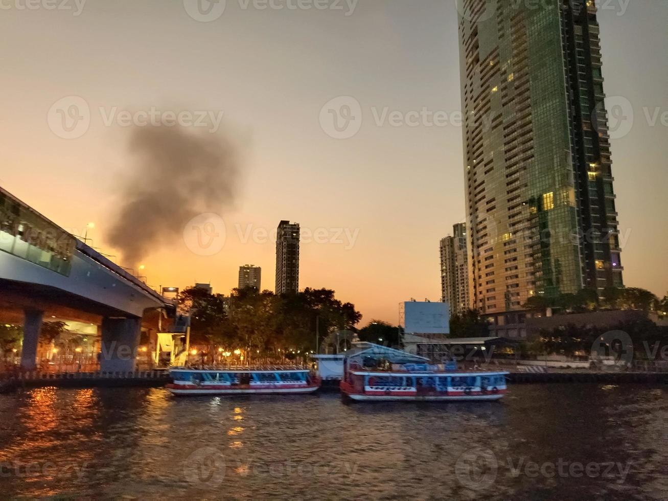 Hello twilight night Chaophaya river skyline colorful waterfront background wallpaper image photo