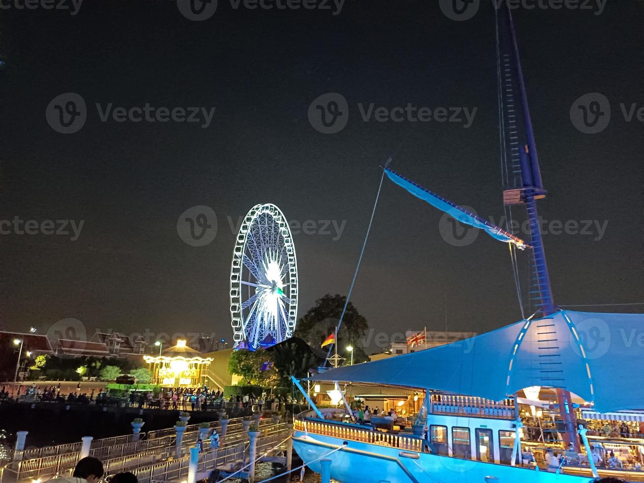 Hello twilight night Chaophaya river skyline colorful waterfront background wallpaper image photo