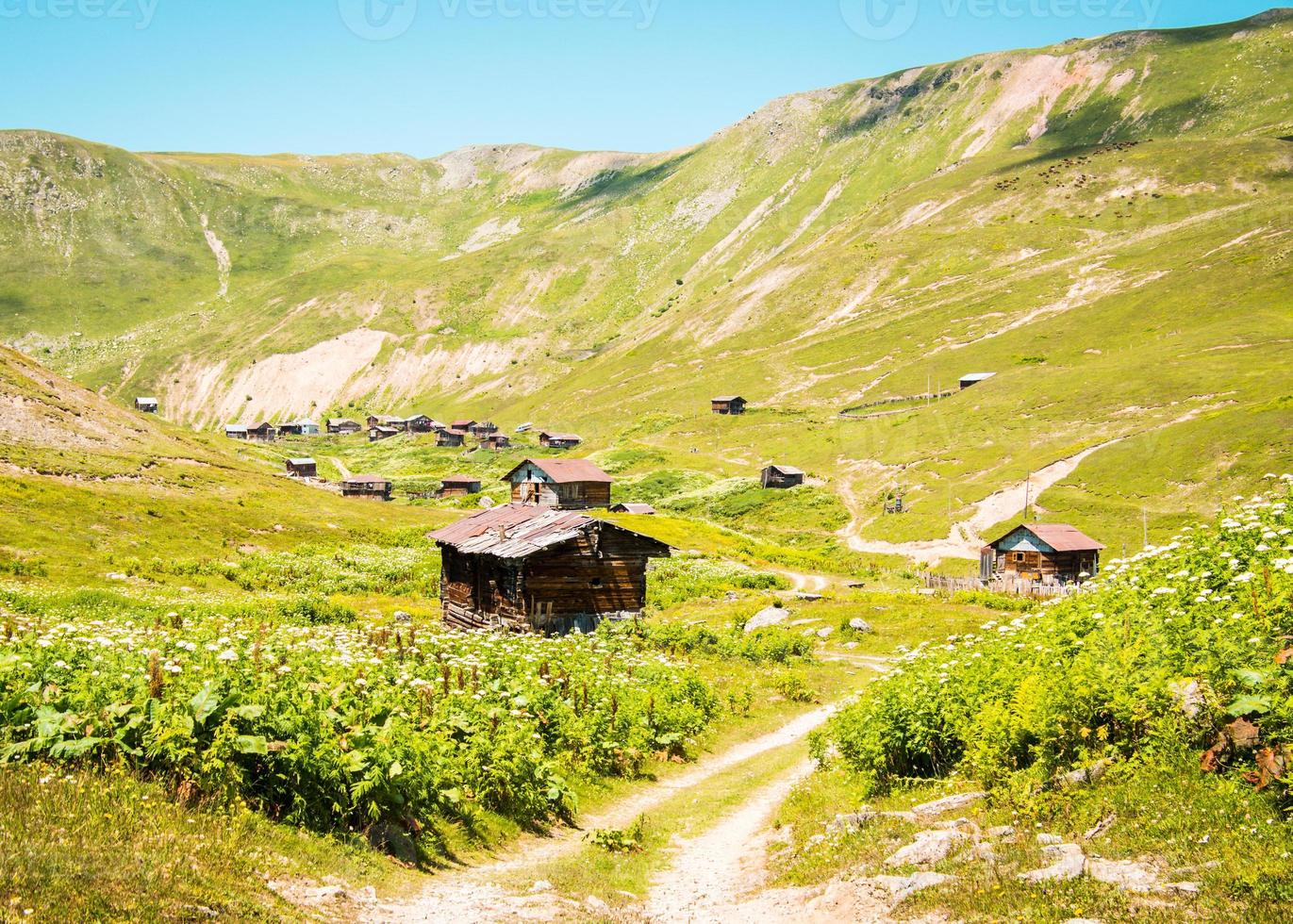 Aerial close top view Shuamta small lake surrounded by mountain village wooden houses in high Adjara photo