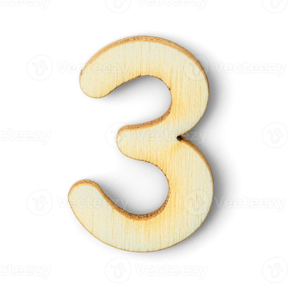 Wooden numeric 3 with  shadow on white photo