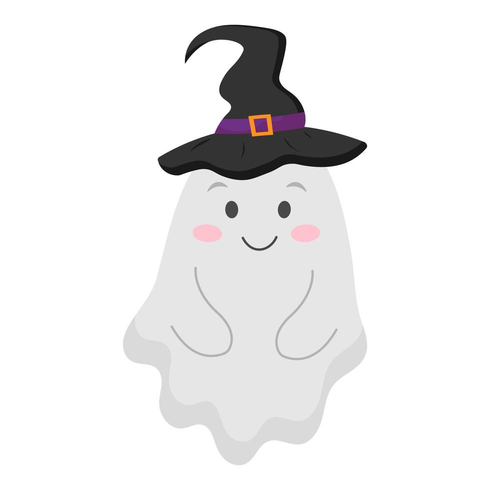 Cute ghost in Halloween hat. Vector illustration.