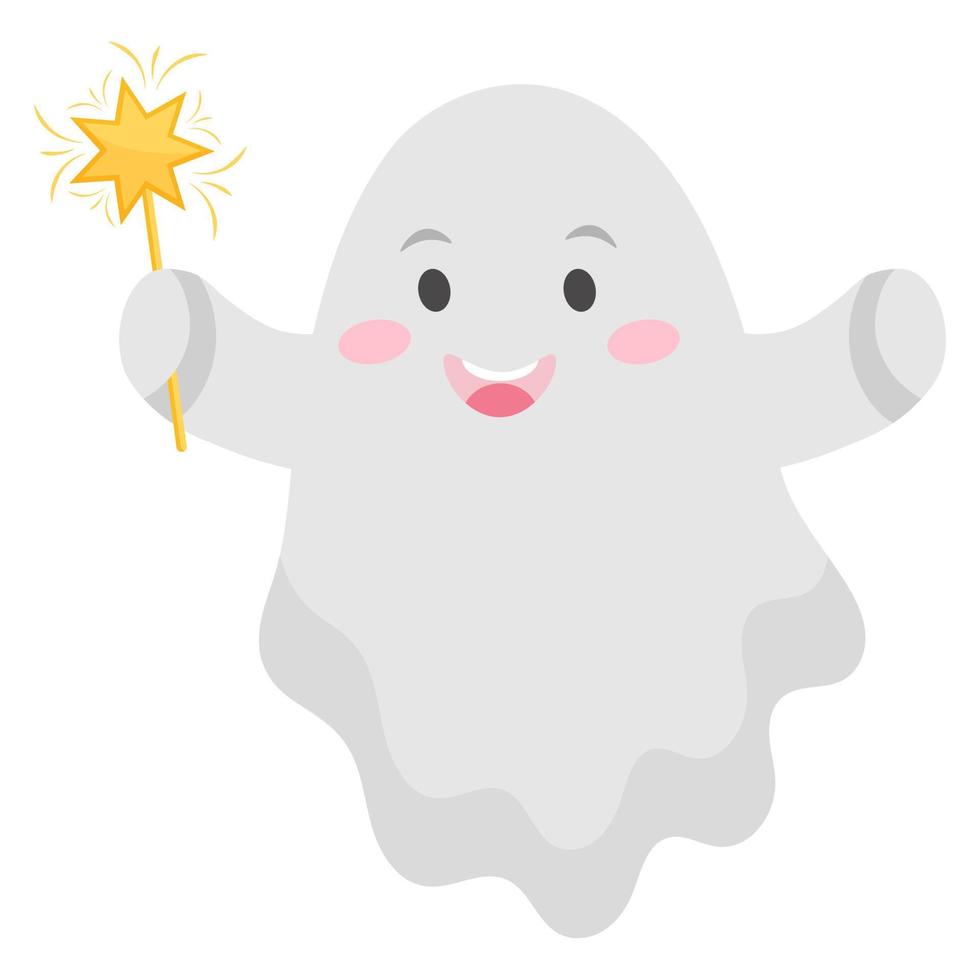 Cute ghost with Halloween magic wand. Vector illustration.