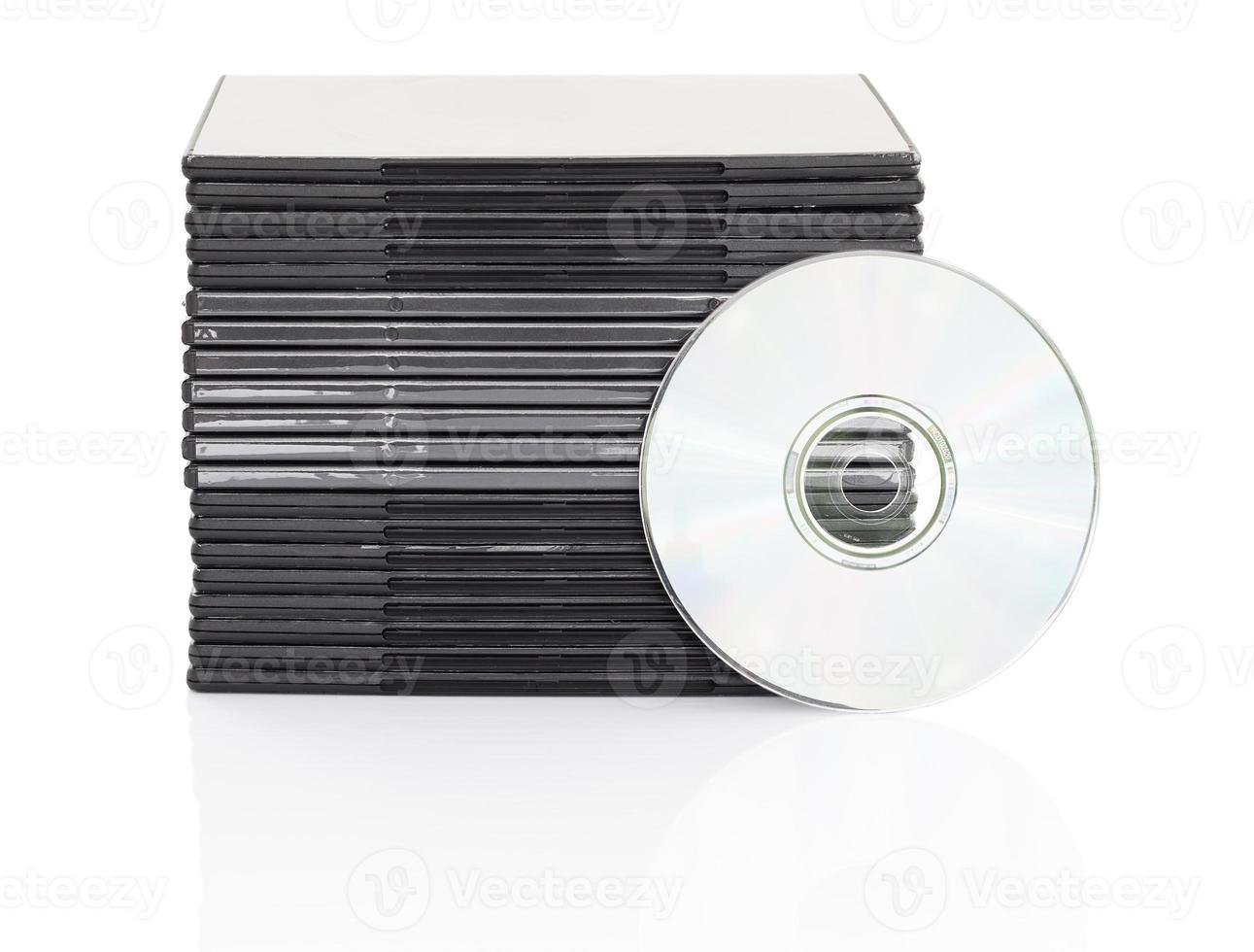 DVD box with disc on white background photo