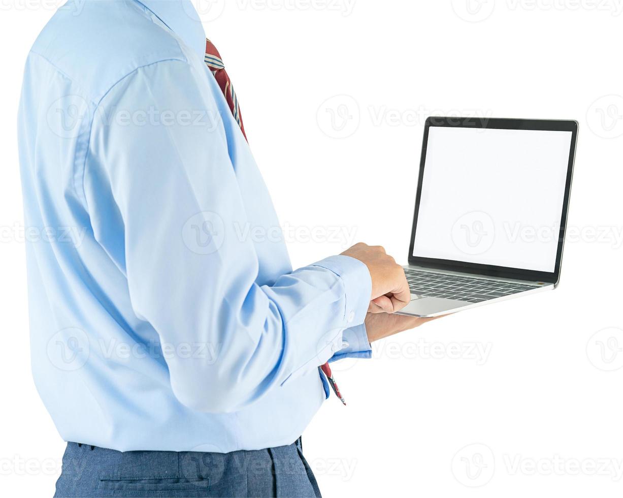 Businessman holding a laptop with clipping path photo