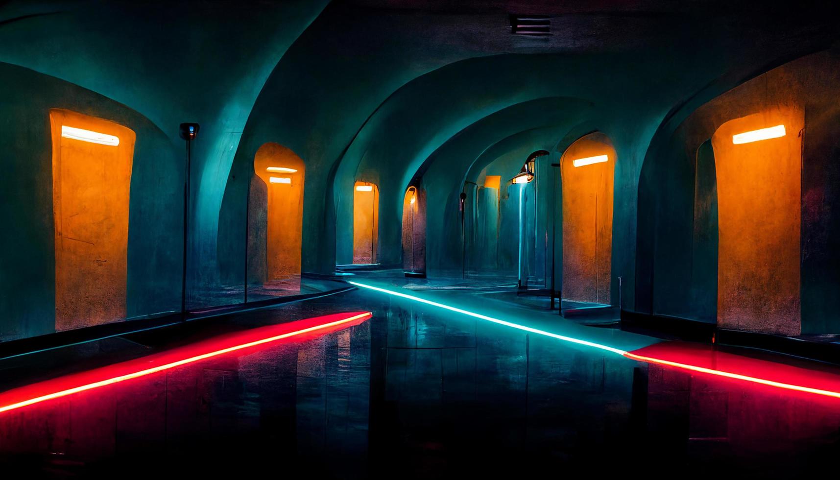 Abstract sci fi futuristic hallway dark room in space station with glowing neon lights background, digital art design photo