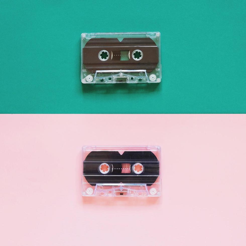 Retro cassette tape on pastel color background, minimal style photo