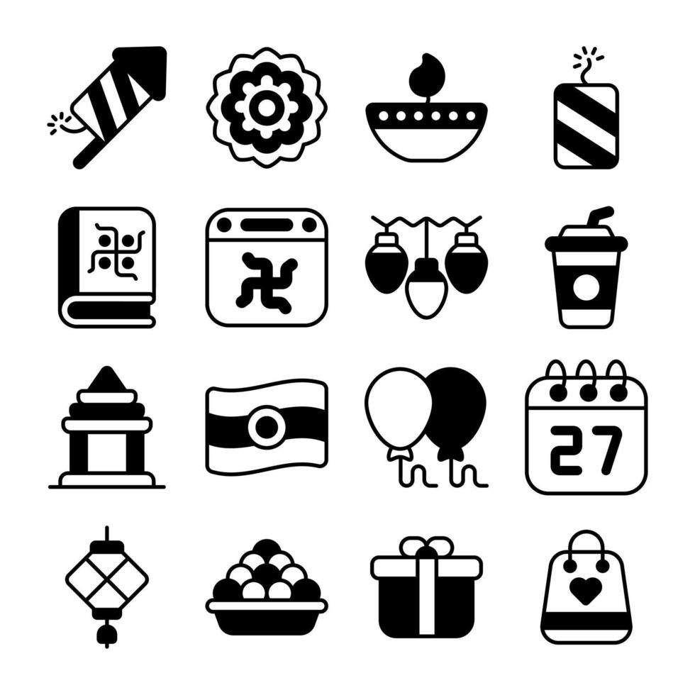 Diwali icons set. vector editable icons. Diwali Hindu festival elements.